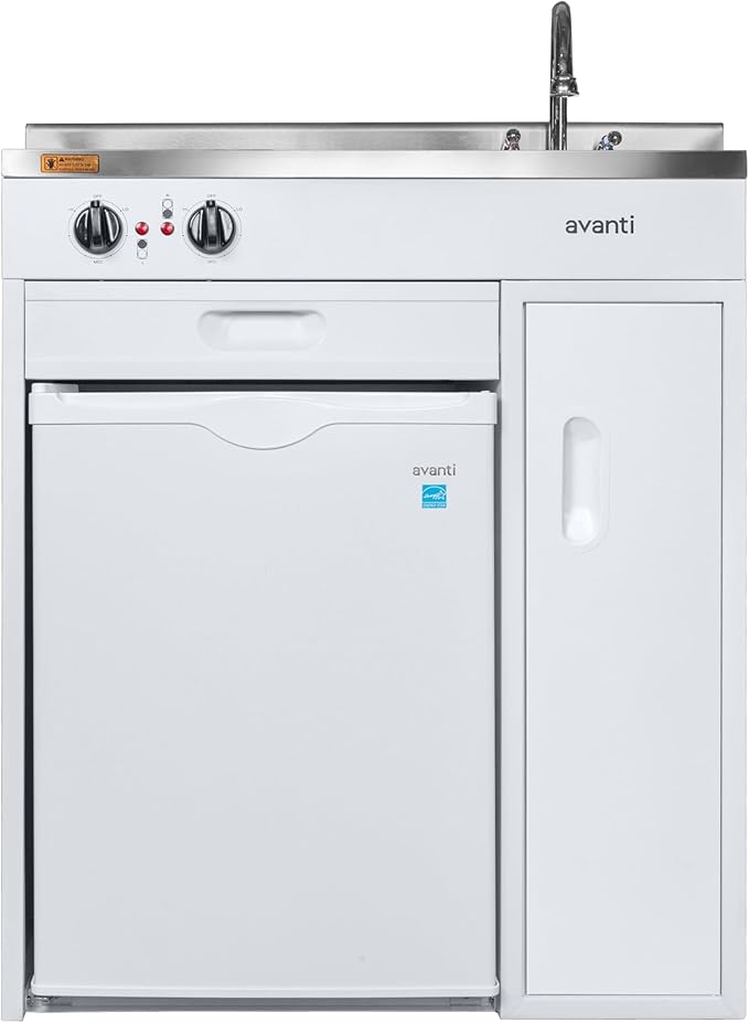 Avanti Full Compact Kitchen, Built in Kitchenette with Stainless Steel Countertop with Sink and Chrome Faucet, Two Element Cooking Range, 2.2 Cu.Ft. Refrigerator & Storage Space, 30-Inch, White