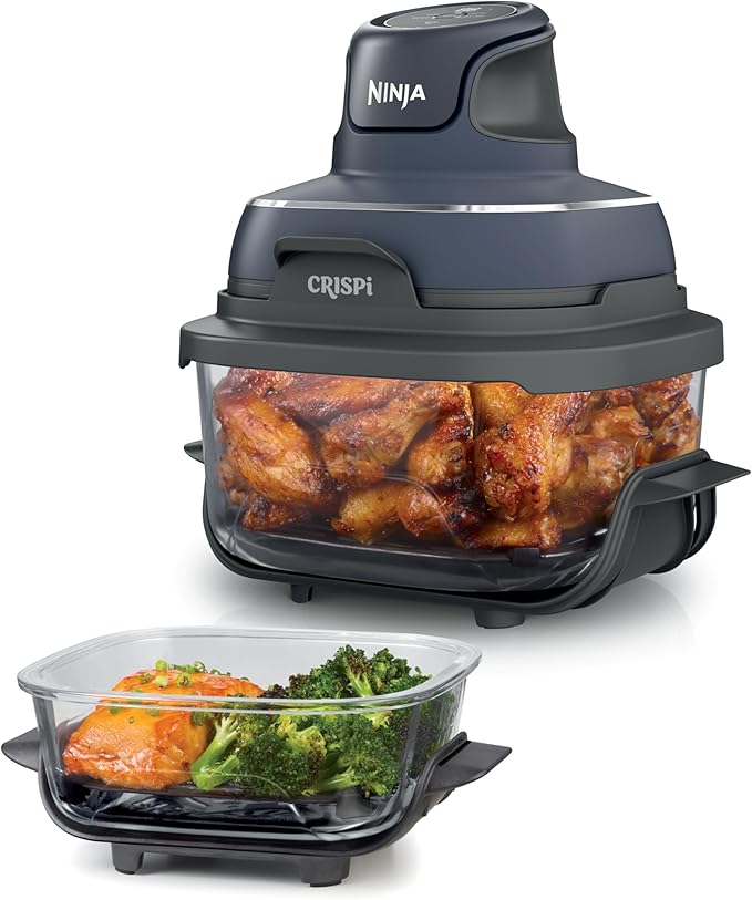 Ninja Crispi Glass Air Fryer, 4-in-1, Grey, FN101GY | Max crisp, bake, air fry, recrisp, 450F max, 4 Qt and 6 Cup containers, PFAS-free glass
