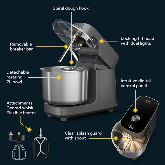 Ooni Halo Pro Spiral Mixer - Dough Stand Mixer with Attachments, 7.3 Quart Capacity and 58 Speed Settings - Charcoal Grey