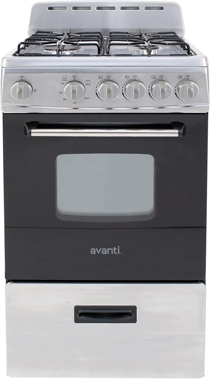 Avanti Compact Gas Range Oven, 4 Sealed Burners, 20-Inch, Stainless Steel | Avanti Compact Gas Range Oven, Freestanding with 4 Sealed Burners, Broiler with..
