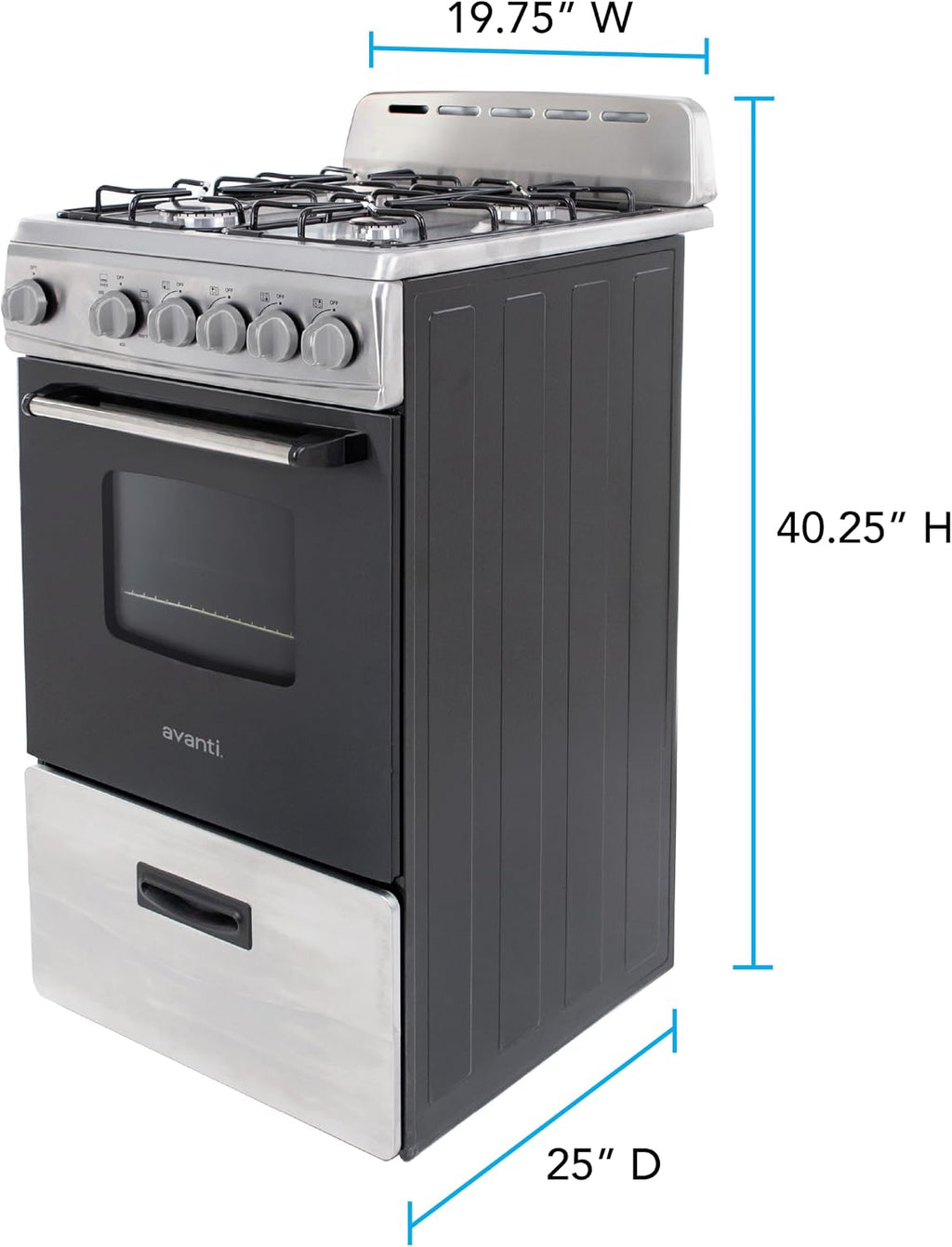 Avanti Compact Gas Range Oven, 4 Sealed Burners, 20-Inch, Stainless Steel | Avanti Compact Gas Range Oven, Freestanding with 4 Sealed Burners, Broiler with..
