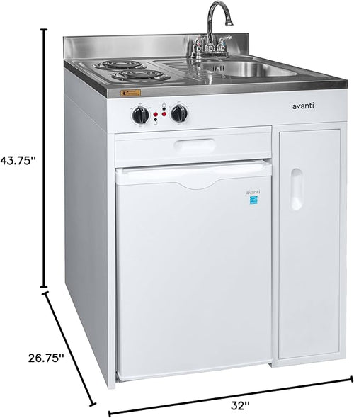 Avanti Full Compact Kitchen, Built in Kitchenette with Stainless Steel Countertop with Sink and Chrome Faucet, Two Element Cooking Range, 2.2 Cu.Ft. Refrigerator & Storage Space, 30-Inch, White