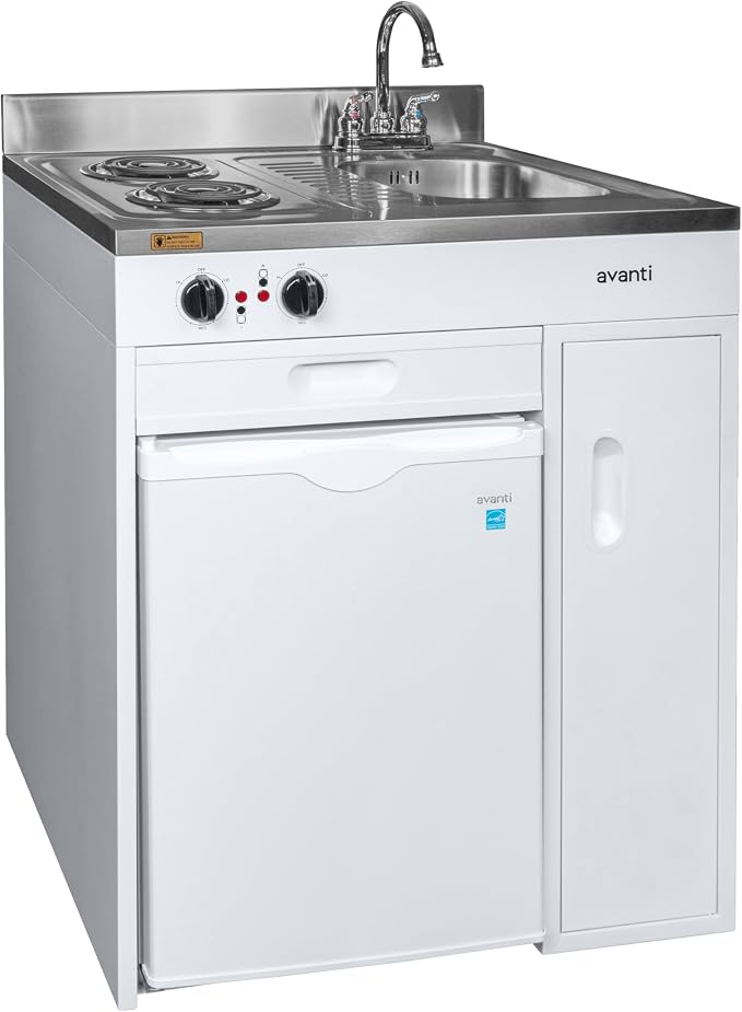 Avanti Full Compact Kitchen, Built in Kitchenette with Stainless Steel Countertop with Sink and Chrome Faucet, Two Element Cooking Range, 2.2 Cu.Ft. Refrigerator & Storage Space, 30-Inch, White