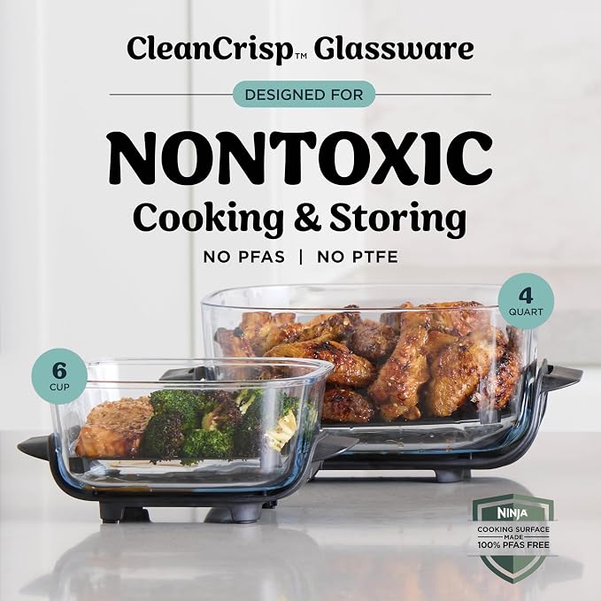 Ninja Crispi Glass Air Fryer, 4-in-1, Grey, FN101GY | Max crisp, bake, air fry, recrisp, 450F max, 4 Qt and 6 Cup containers, PFAS-free glass