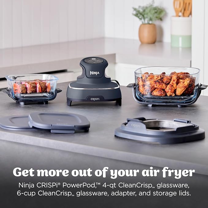 Ninja Crispi Glass Air Fryer, 4-in-1, Grey, FN101GY | Max crisp, bake, air fry, recrisp, 450F max, 4 Qt and 6 Cup containers, PFAS-free glass