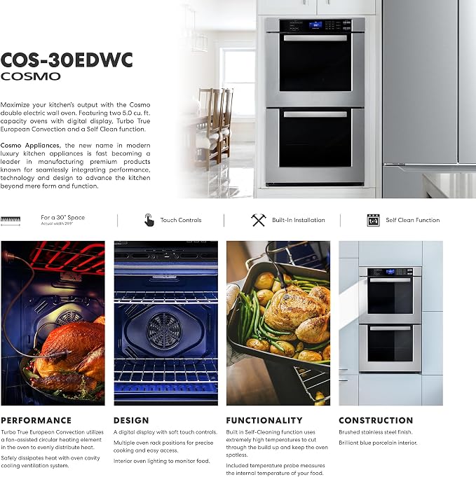 30 in. Haven Coll Double Electric Wall Oven, True Convection, Stainless Cosmo COS-30EDWC Blue Porcelain, Self Clean Function, 7 Oven Functions, Digital Display, Interior Lighting