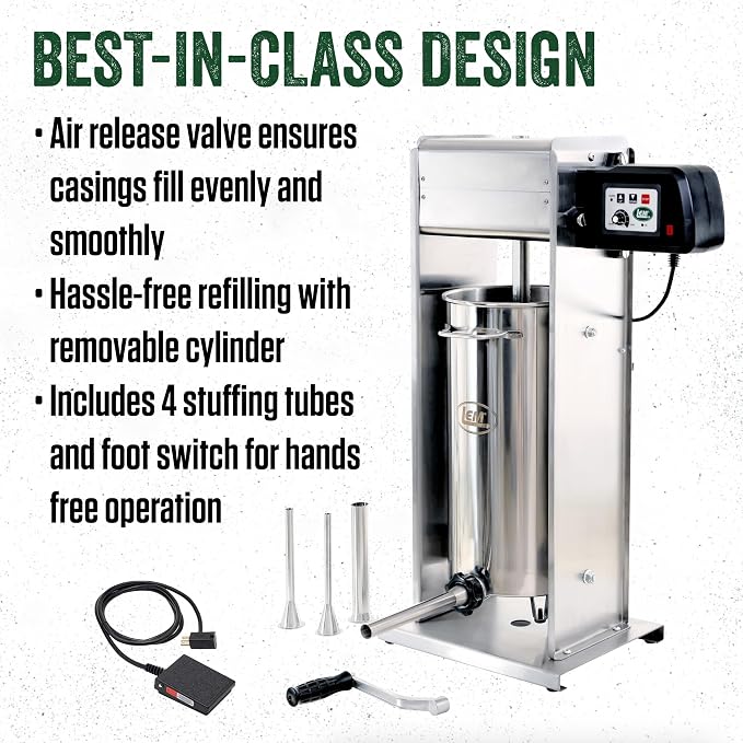LEM Products BigBite 50 lb Motorized Sausage Stuffer, Stainless Steel Meat Stuffer Machine, Electric Sausage Maker for Home Kitchen Use and Meat Processing