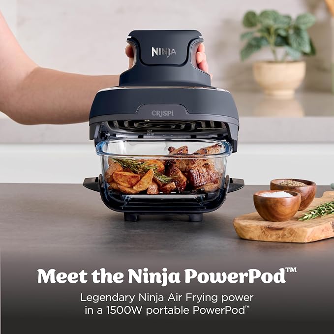 Ninja Crispi Glass Air Fryer, 4-in-1, Grey, FN101GY | Max crisp, bake, air fry, recrisp, 450F max, 4 Qt and 6 Cup containers, PFAS-free glass