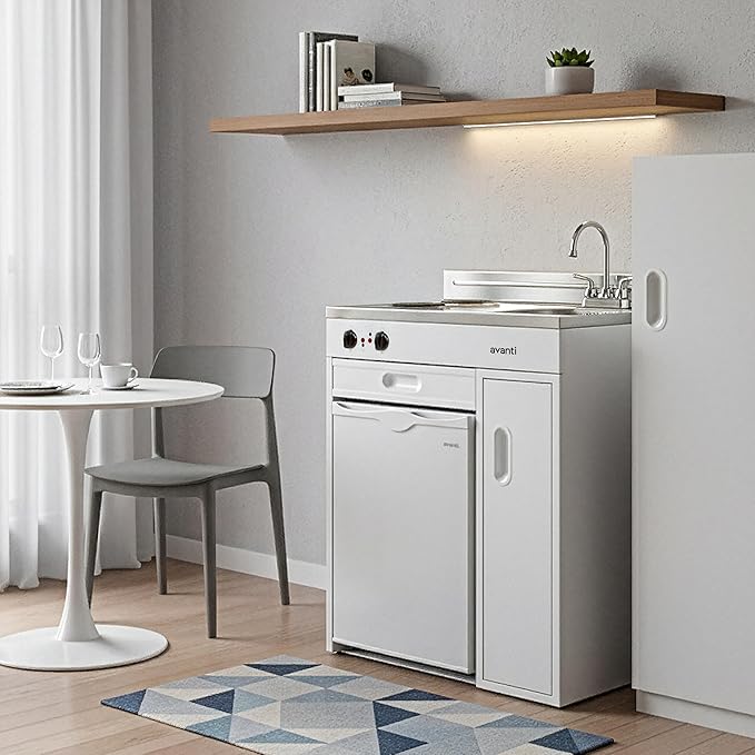 Avanti Full Compact Kitchen, Built in Kitchenette with Stainless Steel Countertop with Sink and Chrome Faucet, Two Element Cooking Range, 2.2 Cu.Ft. Refrigerator & Storage Space, 30-Inch, White